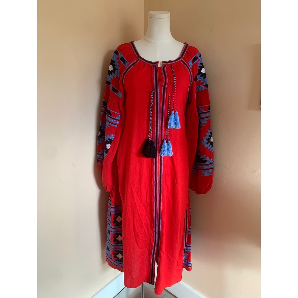 Red Embroidered Tassel Ukranian Vyshyvanka Style Maxi Dress Red Blue Geometric